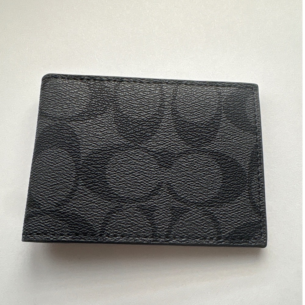 Coach Mens Signature Bifold Slim Card Holder Charcoal Black Monogram ID Window